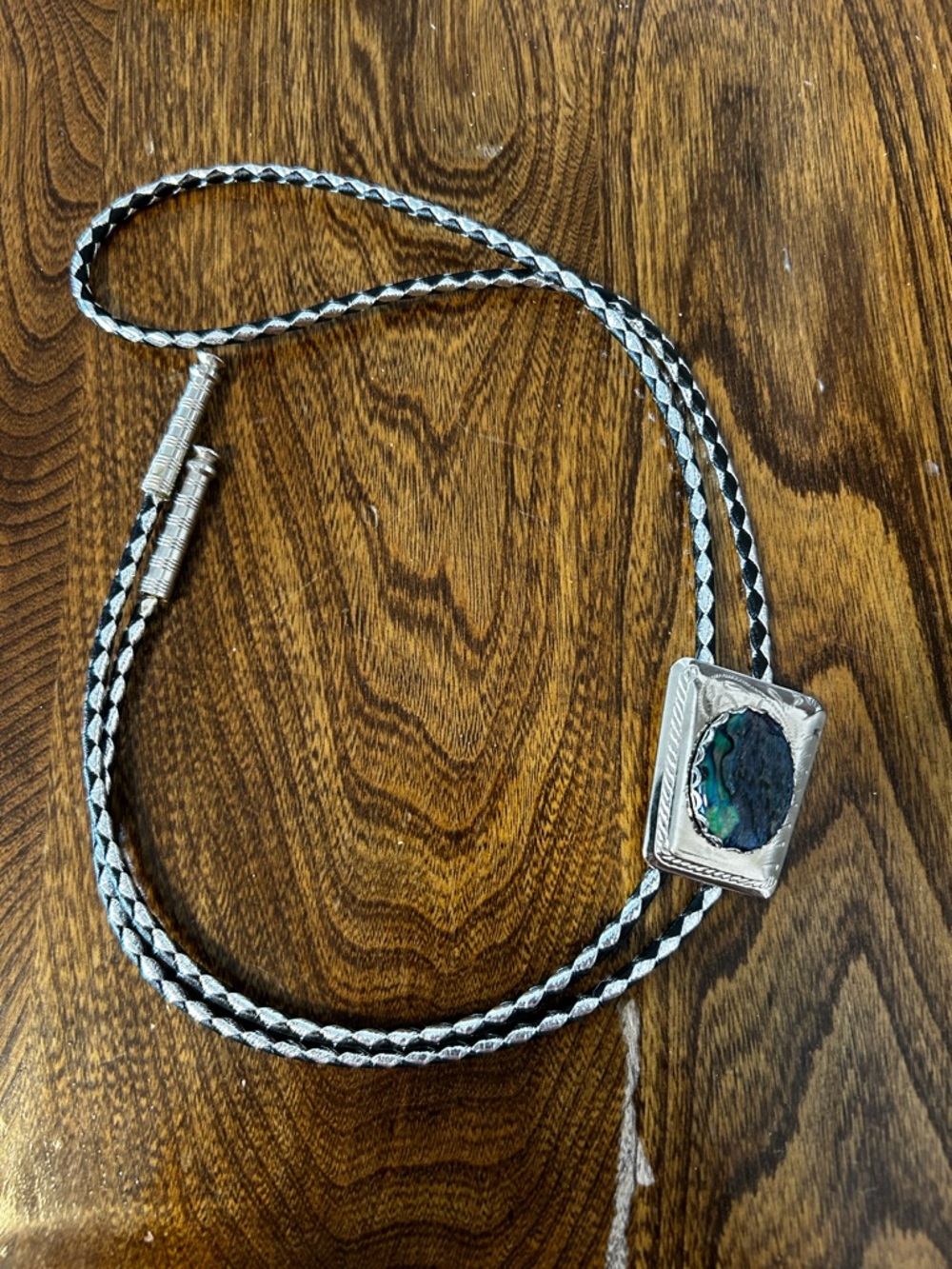 Leather braided Bolo Tie with Green Abalone Center